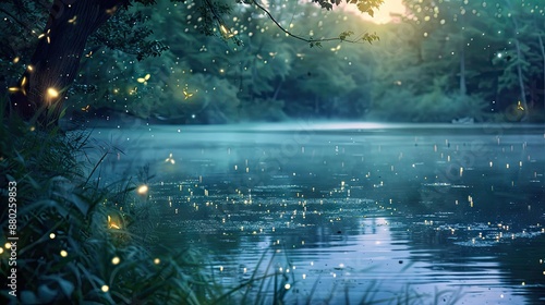 Photorealistic Summer Lake with Fireflies | Summer Background | Photorealistic