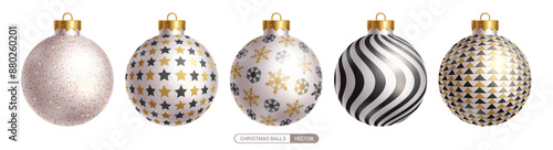 Christmas balls pattern vector set design. Christmas ball with elegant glitter, stars, snowflakes, curve and triangle pattern in round shape xmas ornaments collection. Vector illustration bauble 