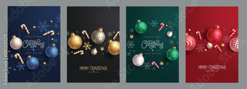 Merry christmas greeting card vector poster set. Christmas elegant invitation template with xmas balls, candy cane and snowflakes ornaments decoration. Vector illustration holiday season greeting 