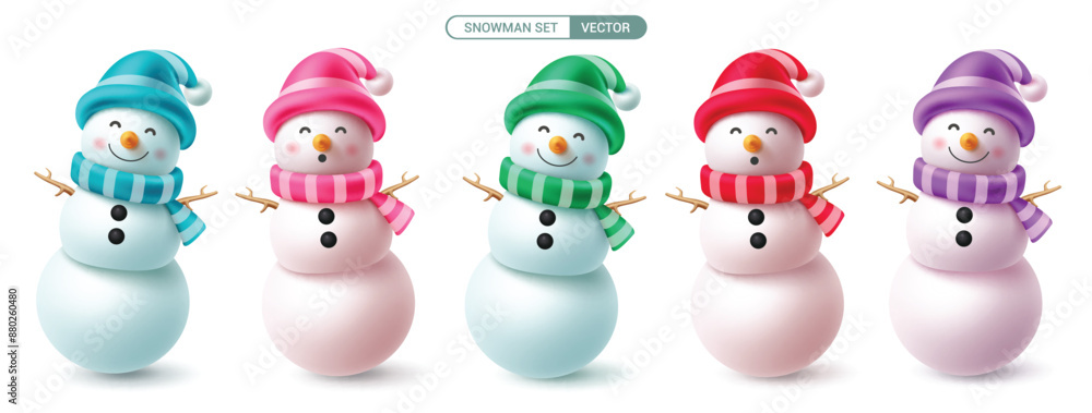 Christmas snowman characters vector set design. Snow man character with colorful hat, scarf and twig elements for cute ice collection isolated in white isolated background. Vector illustration winter Christmas snowman characters vector set design. Snow man character with colorful hat, scarf and twig elements for cute ice collection isolated in white isolated background. Vector illustration winter