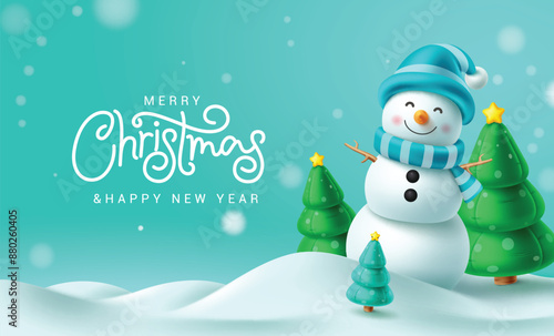 Merry christmas greeting vector design. Christmas snow man character with pine tree elements in winter snow outdoor background. Vector illustration holiday season design. 
