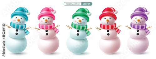 Christmas snowman characters vector set design. Snow man character with colorful hat, scarf and twig elements for cute ice collection isolated in white isolated background. Vector illustration winter 