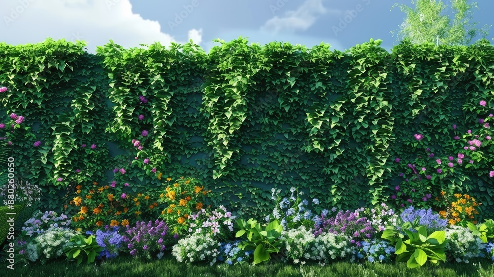 A garden wall covered in a lush green ivy, with a variety of blooming flowers at its base. A garden wall covered in a lush green ivy, with a variety of blooming flowers at its base.