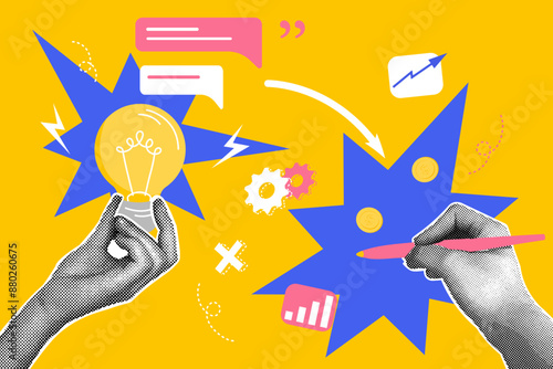 Fashionable halftones collage business concept. Concept of idea, contract conclusion, favorable conditions. Trendy modern retro illustration in bright trendy colors. Business concept, financial