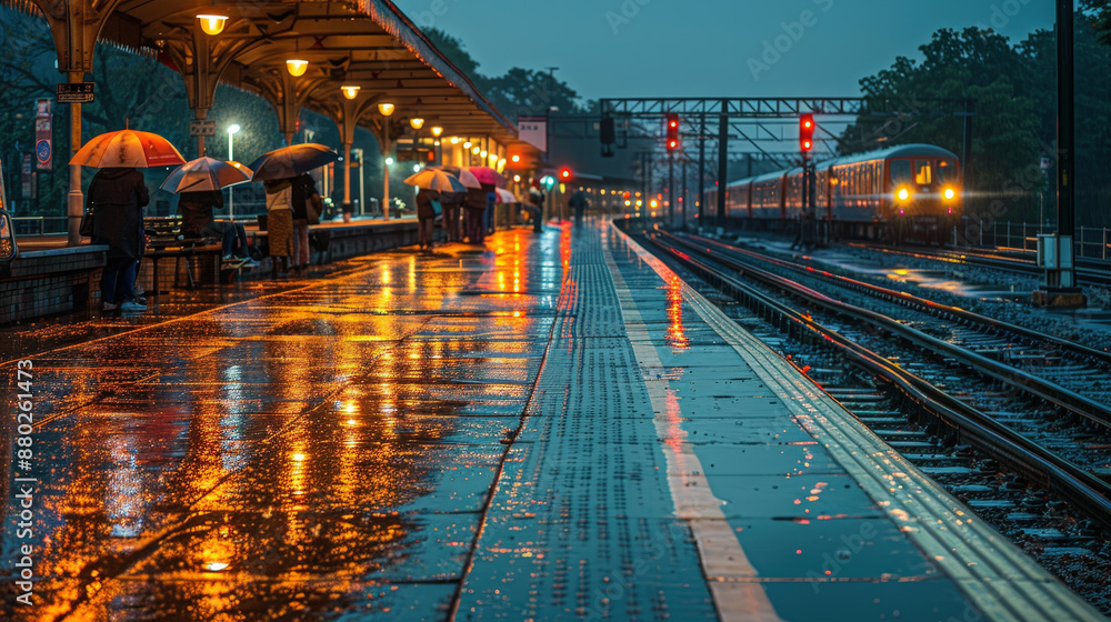 Glimmering Rainy Night at Train Station: Anticipation and Movement Glimmering Rainy Night at Train Station: Anticipation and Movement