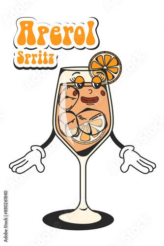 Aperol spritz retro cocktail in groovy style. Quirky character from the 60's in a modern style. Vintage design. Vector illustration