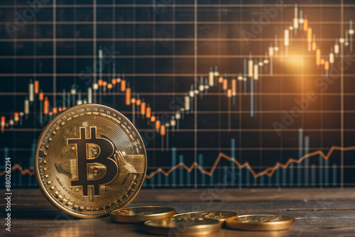 Bitcoin and cryptocurrency investing concept with graph. Bitcoin cryptocurrency coins symbol. Trading on the cryptocurrency exchange. Trends in bitcoin exchange rates