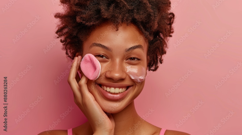 Beautiful young African American woman applying makeup using a cotton sponge. Smiling young woman cleaning face isolated over background. Young black woman washing her face Beautiful young African American woman applying makeup using a cotton sponge. Smiling young woman cleaning face isolated over background. Young black woman washing her face