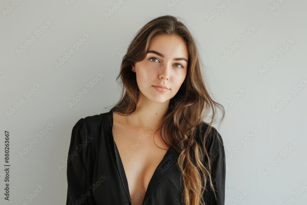 Pretty female in black outfit on white background Pretty female in black outfit on white background