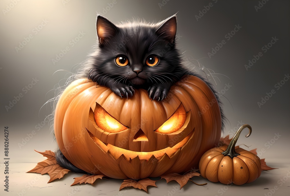 Halloween card, many pumpkins and a beautiful black cat Halloween card, many pumpkins and a beautiful black cat