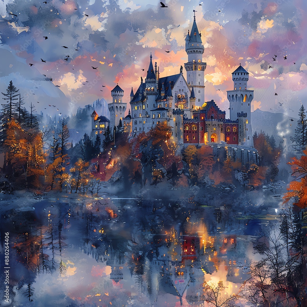 Capture the essence of a majestic fantasy world with towering castles, lush forests, and mythical creatures in vibrant watercolor strokes Capture the essence of a majestic fantasy world with towering castles, lush forests, and mythical creatures in vibrant watercolor strokes