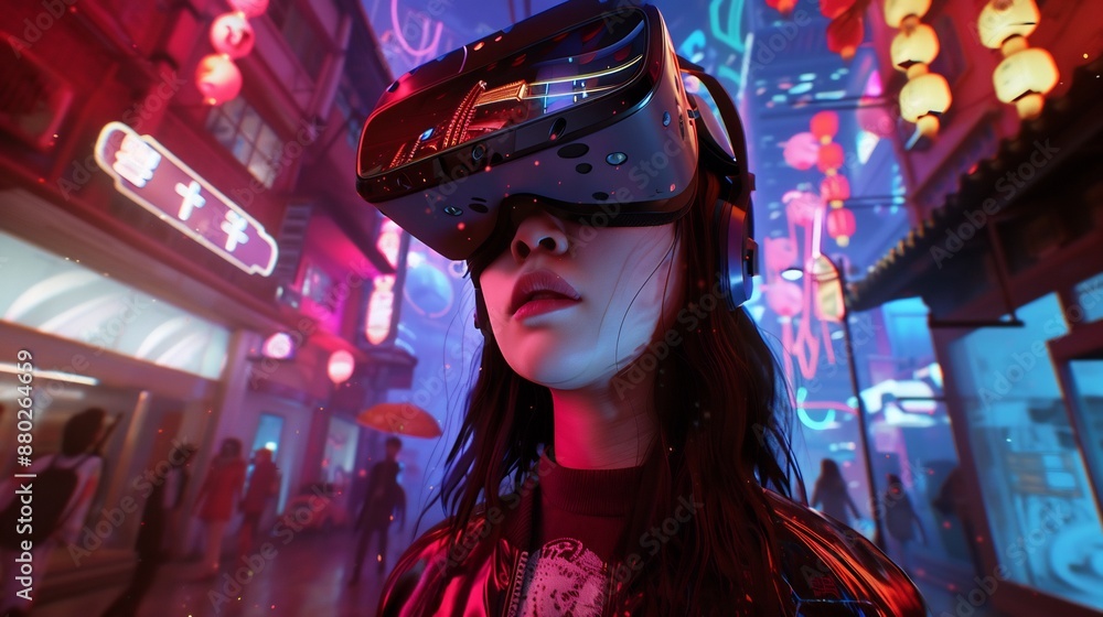 Beautiful girl wearing virtual reality glasses with futuristic neon lights in the background