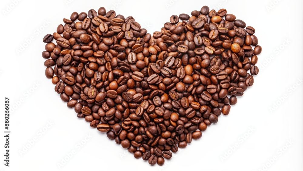 Delightfully crafted heart constructed from intricately arranged coffee beans on a pristine white background, exuding warmth and affection. Delightfully crafted heart constructed from intricately arranged coffee beans on a pristine white background, exuding warmth and affection.