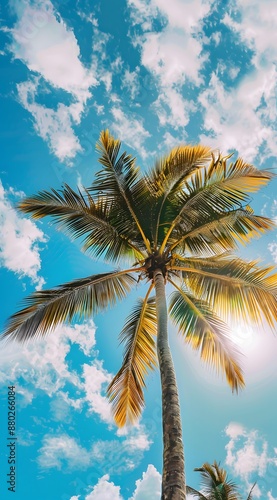 Low angle of palm tree against a blue sky, summer vibes © dip