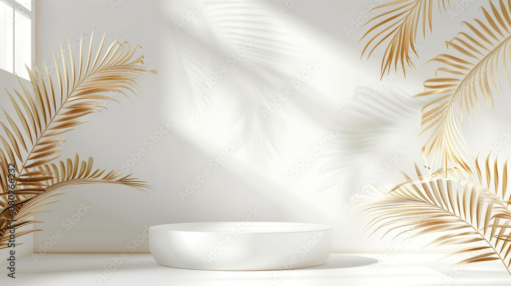 a 3D realistic vector illustration of a white and black marble pedestal on a white background, adorned with golden palm leaves. This luxury mockup scene provides an empty space design ideal for showca a 3D realistic vector illustration of a white and black marble pedestal on a white background, adorned with golden palm leaves. This luxury mockup scene provides an empty space design ideal for showca