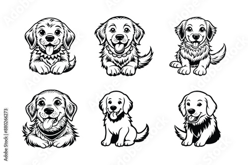 set of Chibi style golden retriever Black Silhouette Bundle - Stunning Vector Illustrations for Wild or domestic animals Nature Lovers, isolated on white