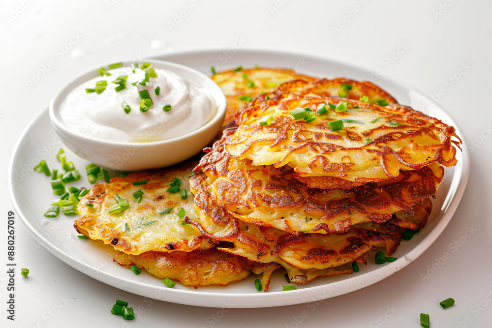 a plate of potato pancakes with a bowl of sour cream a plate of potato pancakes with a bowl of sour cream