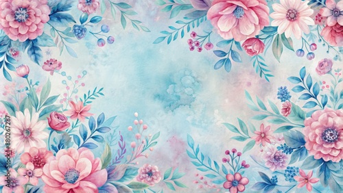 Wallpaper Mural Softly blended pink and blue hues form whimsical floral pattern on watercolor-paper-inspired textured background and border design. Torontodigital.ca