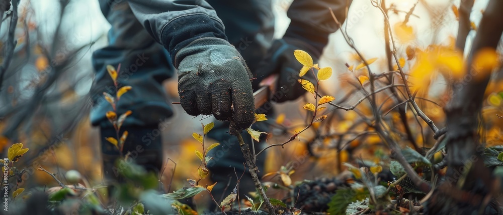 Close-up of a person's gloved hand reaching into a bush, autumn leaves in the background. Close-up of a person's gloved hand reaching into a bush, autumn leaves in the background.