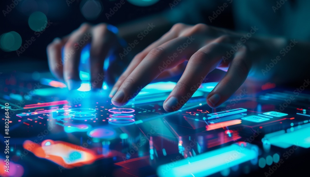 Embracing Innovation: Close-Up of Hands Typing on Futuristic Transparent Touchscreen, Signifying Digital Transformation in Business Operations Embracing Innovation: Close-Up of Hands Typing on Futuristic Transparent Touchscreen, Signifying Digital Transformation in Business Operations