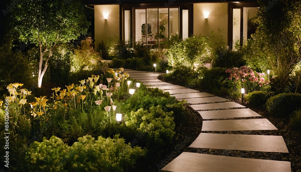 Obraz premium LED outdoor light posts in a stunning residential rockery garden, creating a mesmerizing ambiance. 