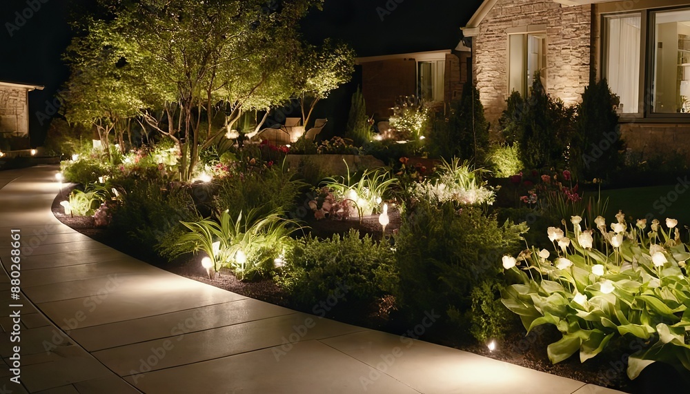 Obraz premium Garden with LED outdoor light posts, enhancing the beauty of your residential rockery garden.