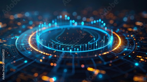 A dynamic circular data chart with glowing blue vertical bars