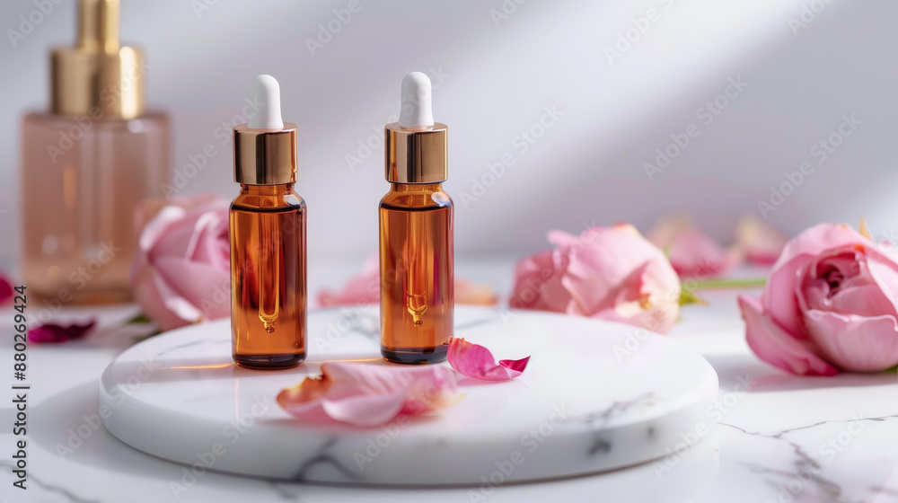 Natural rose petal oil or oil-based serum presented in two cosmetic bottles on a white marble podium. This setup highlights natural cosmetics and skincare products. Natural rose petal oil or oil-based serum presented in two cosmetic bottles on a white marble podium. This setup highlights natural cosmetics and skincare products.