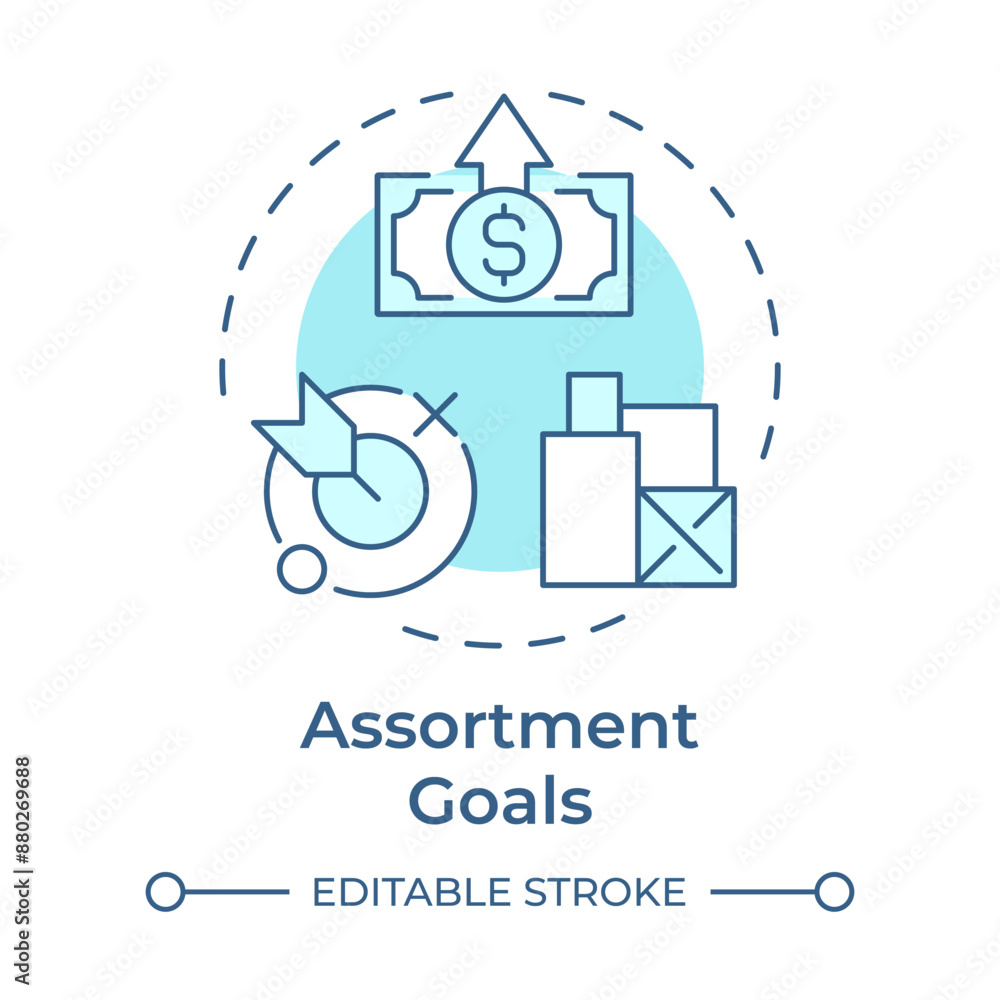 Assortment goals soft blue concept icon. Marketing strategy objectives. Revenue growth. Profitability. Round shape line illustration. Abstract idea. Graphic design. Easy to use in presentation Assortment goals soft blue concept icon. Marketing strategy objectives. Revenue growth. Profitability. Round shape line illustration. Abstract idea. Graphic design. Easy to use in presentation