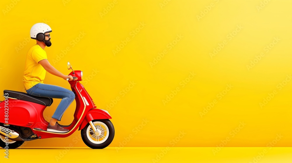 A man in a yellow shirt is riding a red scooter. The yellow background and the man's bright yellow shirt create a cheerful and energetic mood A man in a yellow shirt is riding a red scooter. The yellow background and the man's bright yellow shirt create a cheerful and energetic mood