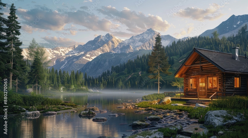Fototapeta premium Photorealistic Summer Mountain Cabin | Billboard mockup | Landscape mockup