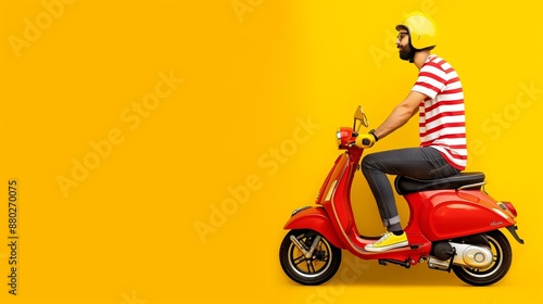 A man in a yellow helmet rides a red scooter on a yellow background. The man is wearing a striped shirt and jeans