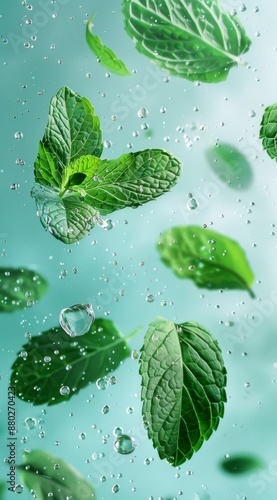 Abstract scene showing floating mint leaves adorned with dew on a blue background, capturing the essence of freshness and purity along with an artistic touch.