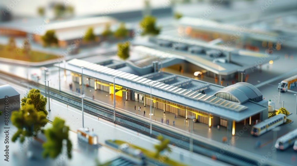 Generate a photo realistic image of a maquette depicting a transportation terminal with terminals, platforms, and passenger amenities; ensure the image is of high resolution Generate a photo realistic image of a maquette depicting a transportation terminal with terminals, platforms, and passenger amenities; ensure the image is of high resolution