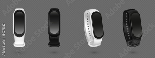 3d fitness smart watch with band isolated vector. Smartwatch bracelet wearable with realistic screen. Modern workout monitor in black and white set. Advertising asset mock up perspective collection