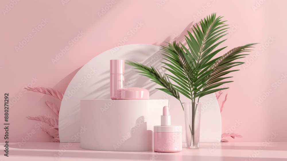 Here's a 3D rendering of a realistic product promotion podium and cosmetics mockup template. Here's a 3D rendering of a realistic product promotion podium and cosmetics mockup template.