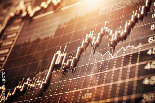 Closeup financial chart with uptrend line candlestick graph in stock market on monitor background