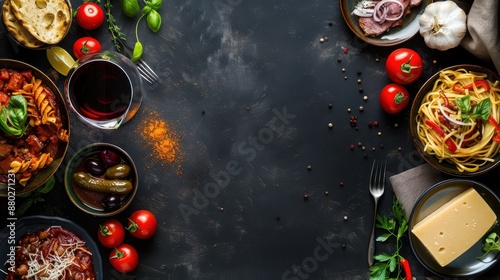 various kinds of dishes and spices form a blank space for the design of decorative frames, cards, backgrounds, banners and posters