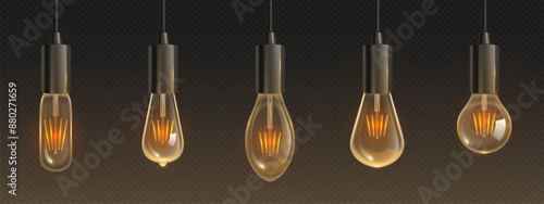 Retro light bulb with glowing effect. Realistic 3d vector illustration set of vintage hanging incandescent Edison lamp on transparent background. Glass electric bulb with shine filament on wire.