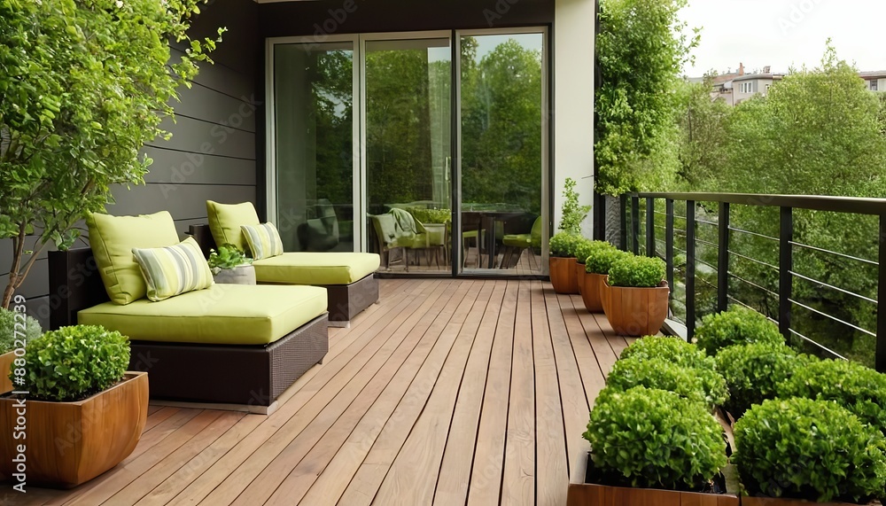 Fototapeta premium Cozy relaxing area at home. Sunny stylish balcony terrace in the city. Beautiful of modern terrace with wood deck flooring and fence, green potted flowers plants and outdoors furniture.