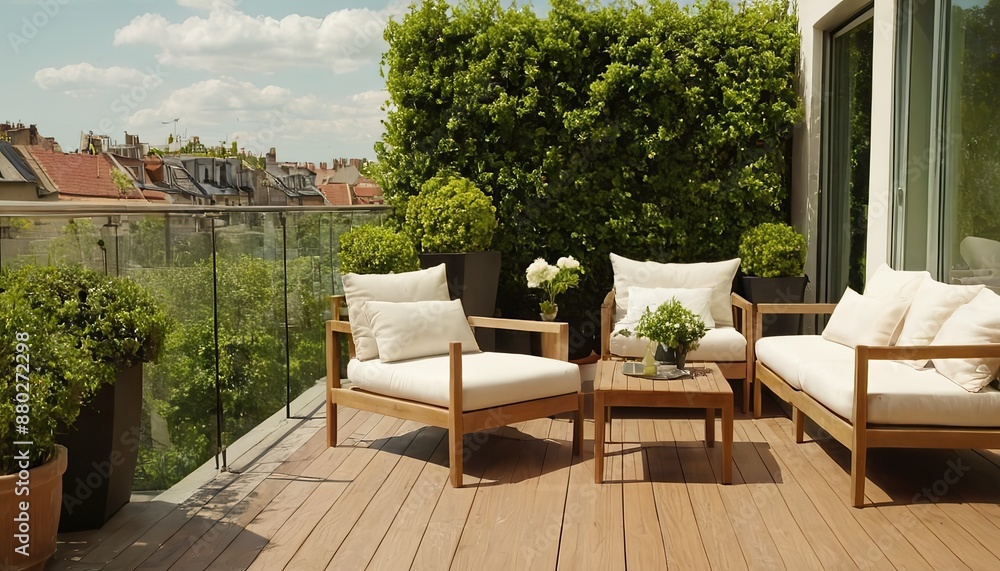 Obraz premium wood deck flooring and fence, green potted flowers plants and outdoors furniture. Cozy relaxing area at home. Sunny stylish balcony terrace in the city 250