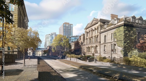 Wallpaper Mural Generate a photo realistic image of historical preservation in urban planning, incorporating heritage buildings into modern cityscapes; ensure the image is of high resolution  Torontodigital.ca