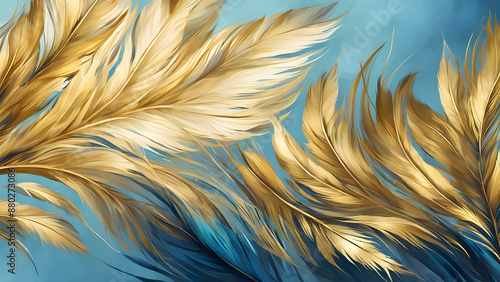 A painting of golden feathers with a blue background