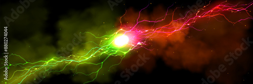 Pink and green thunder collision with shock burst flash and neon glow light effect for vs design. Realistic vector illustration of two electric power lightning discharge for versus confrontation.