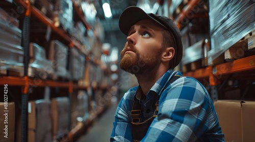 Tired and Bored Blue Collar Worker Leaning Against Warehouse Shelves