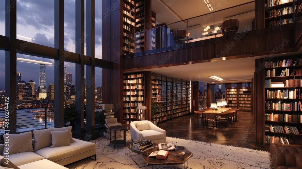 A home library with a luxurious penthouse design, featuring floor-to-ceiling windows, modern furniture, and a breathtaking view of the city skyline. A home library with a luxurious penthouse design, featuring floor-to-ceiling windows, modern furniture, and a breathtaking view of the city skyline.