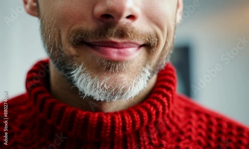 Close-up portrait of a young man with a beard wearing a red christmas ungly sweater, smiling slightly and looking directly at the camera.  photo