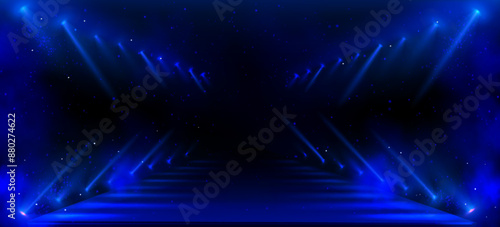 Black fashion runway hall with blue spotlight rays, smoke and glitter. Realistic 3d vector dark catwalk stage with light beams and sparkles for night gala show or presentation. Tunnel corridor room.