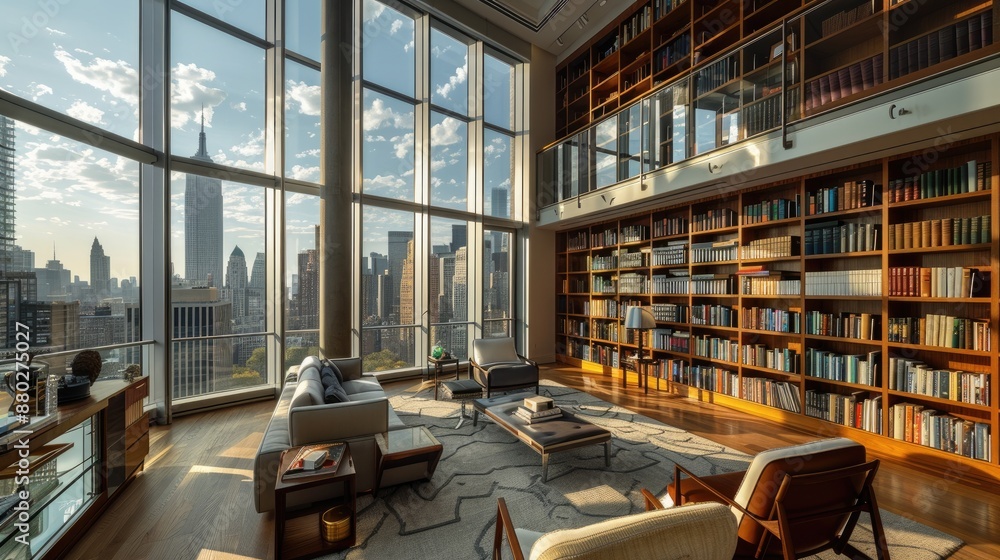 A home library with a luxurious penthouse design, featuring floor-to-ceiling windows, modern furniture, and a breathtaking view of the city skyline. A home library with a luxurious penthouse design, featuring floor-to-ceiling windows, modern furniture, and a breathtaking view of the city skyline.