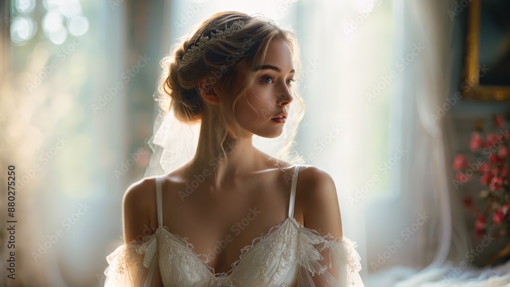 Romantic setting with model in white bridal lingerie ethereal soft lighting dreamy gaze flowing tulle Romantic setting with model in white bridal lingerie ethereal soft lighting dreamy gaze flowing tulle